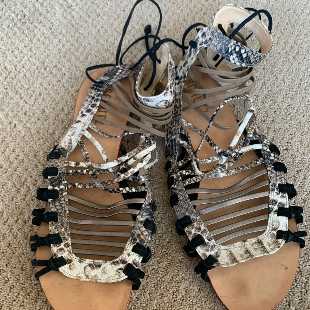 Schultz Snakeskin Print Gladiator Sandals with Black and Tan Details